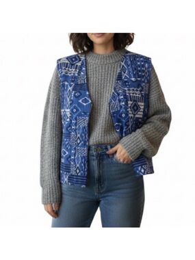 Vintage 90s Zip Up Vest Loose Oversized Aztec Patchwork Print Blue Size Large XL